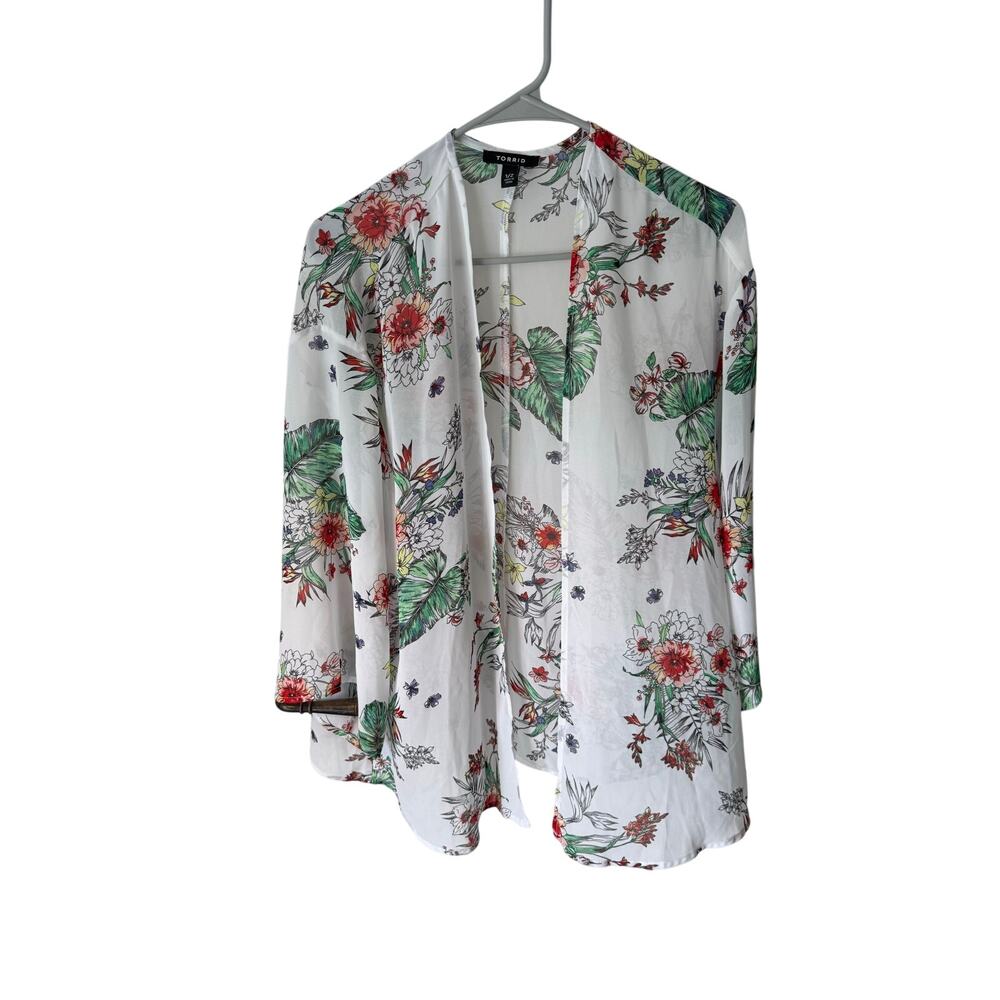 Torrid Women's Plus Size 1/2 White Tropical Floral Chiffon Kimono Cardigan